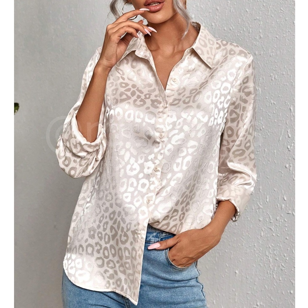 Leopard Print Satin Cream Button Down Long Sleeve Shirt
